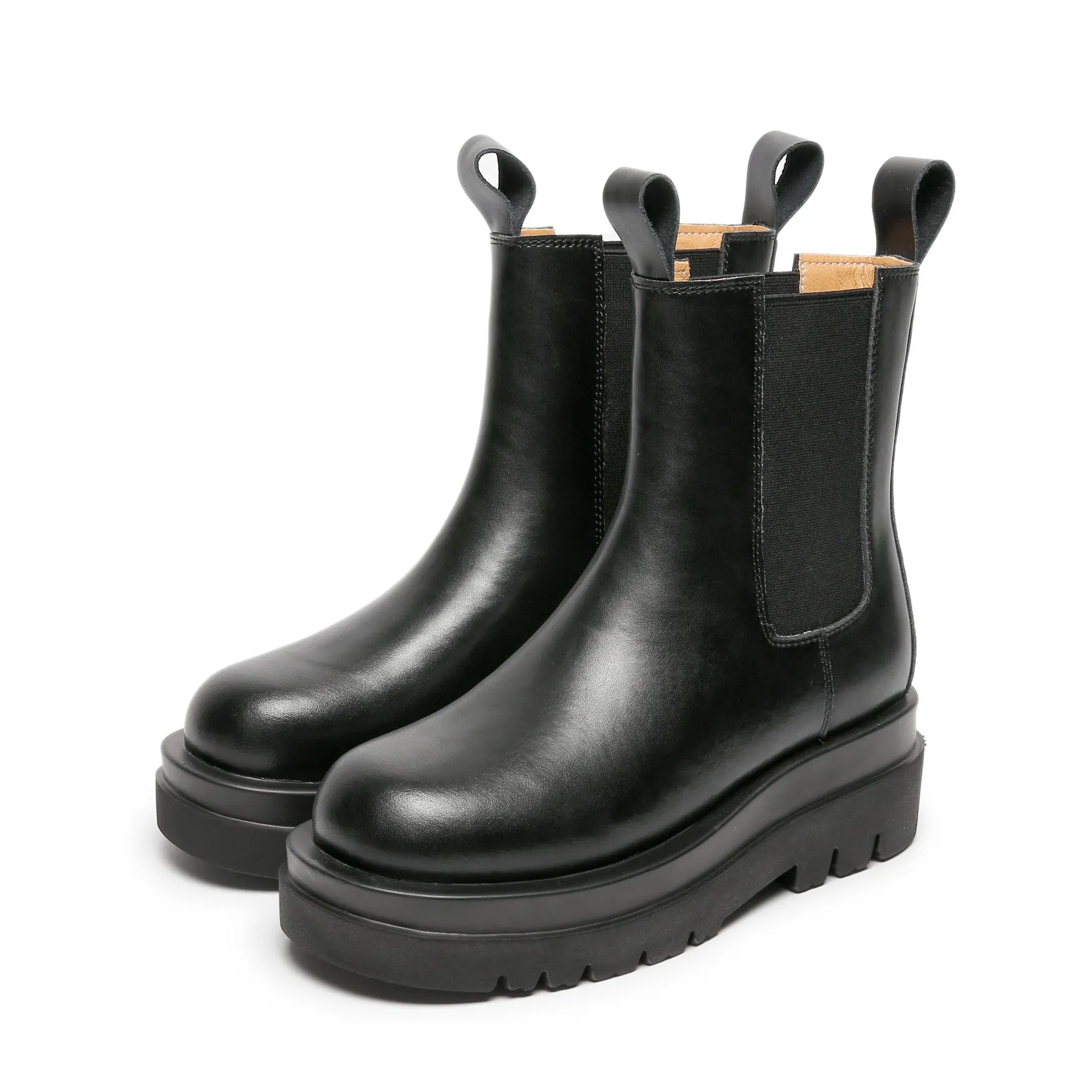 Women England Style Leather Stitching Chunky Platform Black Chelsea Boots