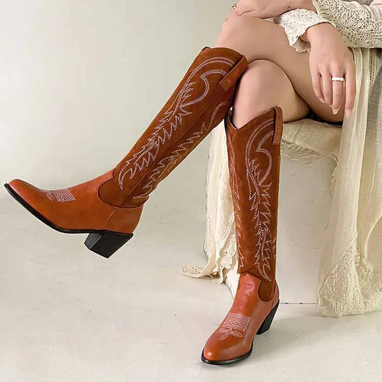 Womens Cowgirl Knee High Chunky Mid Heel Boots Western Cowboy Boots