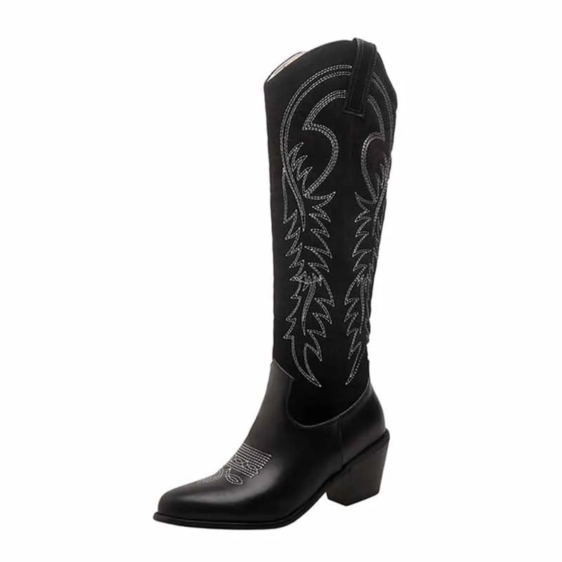 Womens Cowgirl Knee High Chunky Mid Heel Boots Western Cowboy Boots