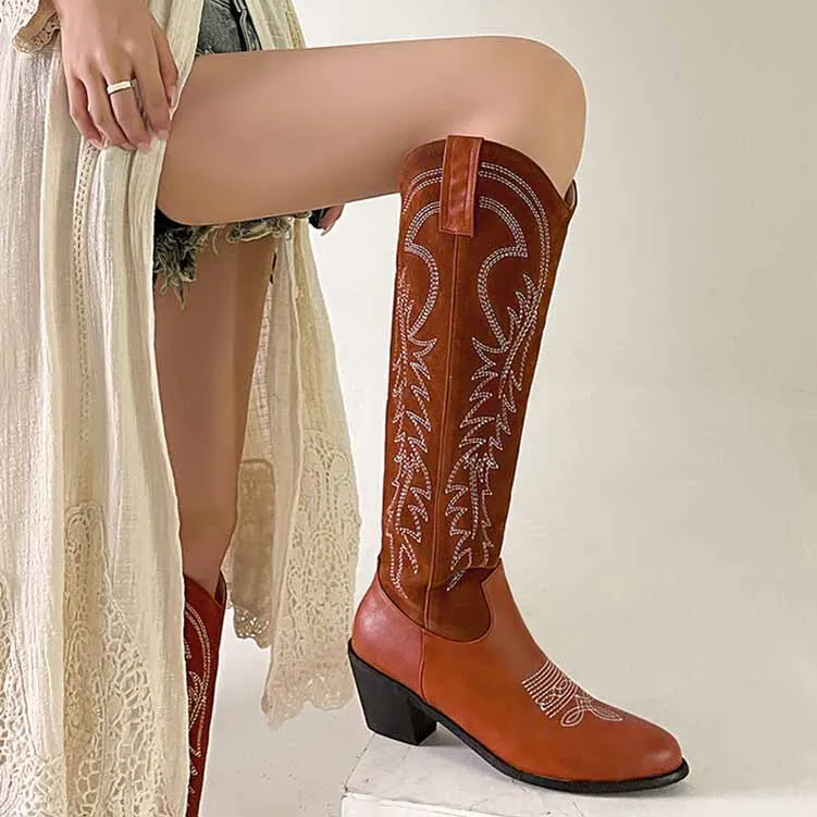Womens Cowgirl Knee High Chunky Mid Heel Boots Western Cowboy Boots