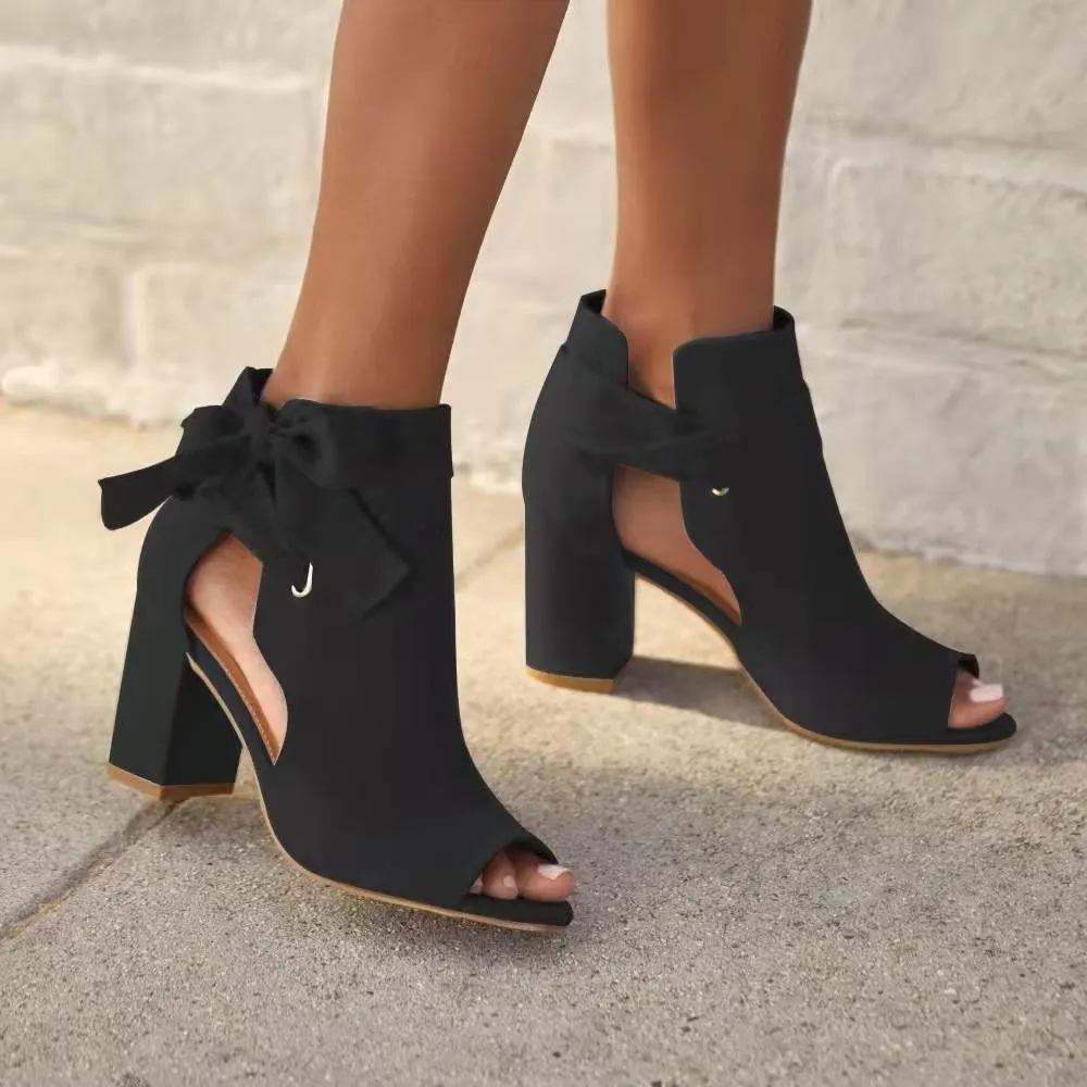 Women's peep toe bowknot side cutout chunky high heels