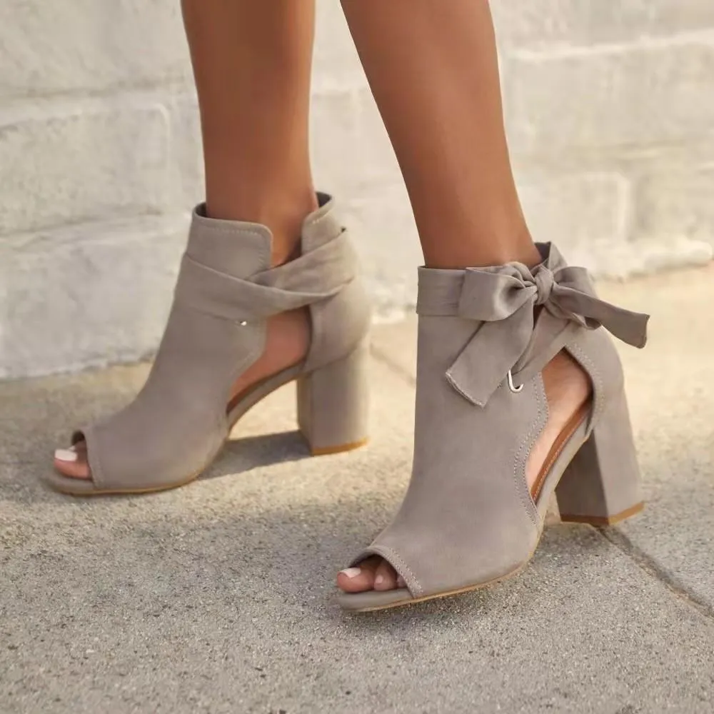 Women's peep toe bowknot side cutout chunky high heels