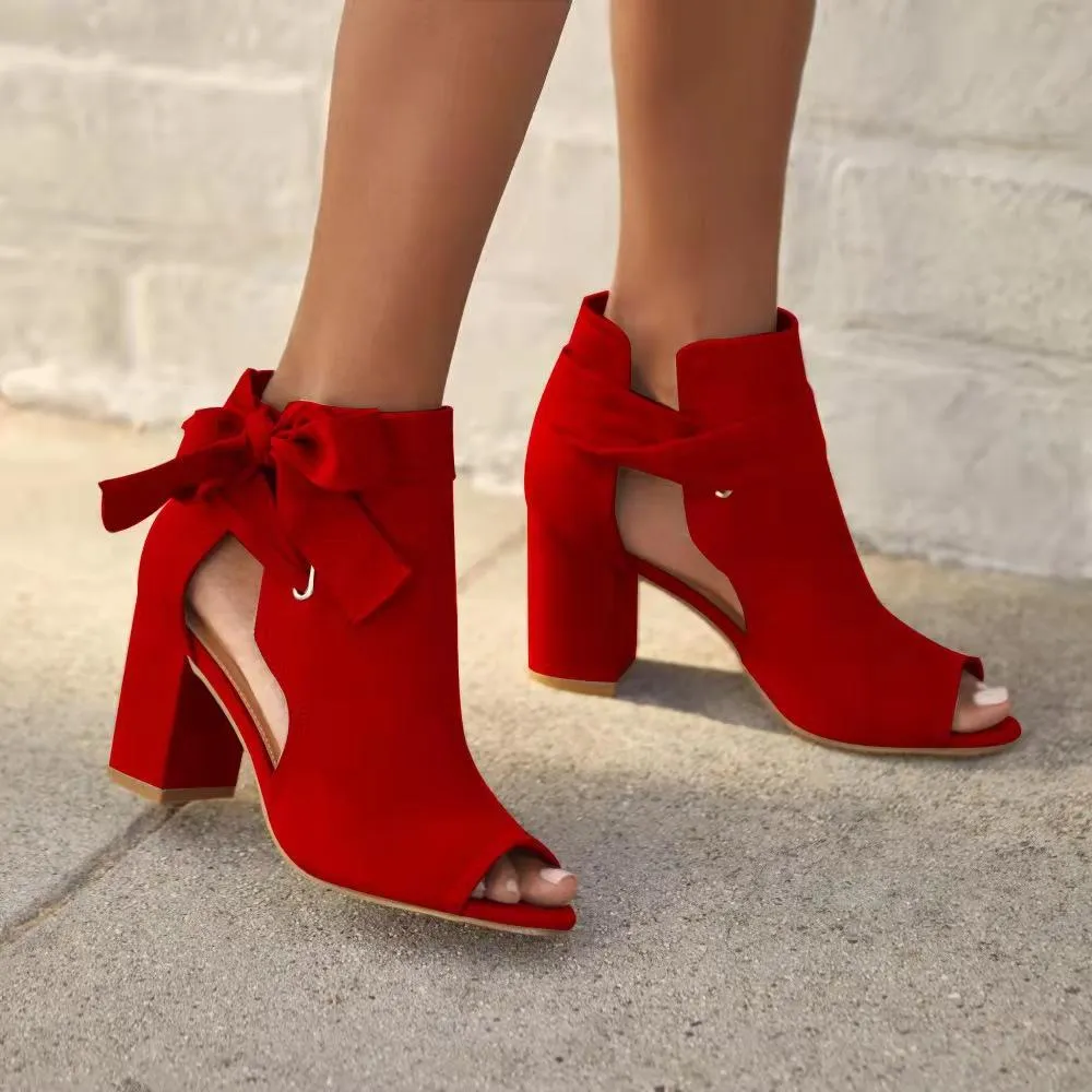 Women's peep toe bowknot side cutout chunky high heels