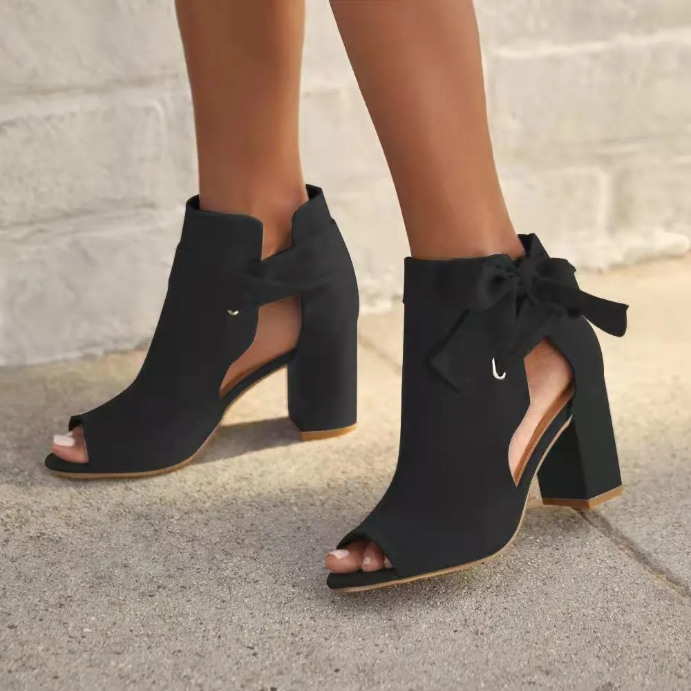 Women's peep toe bowknot side cutout chunky high heels