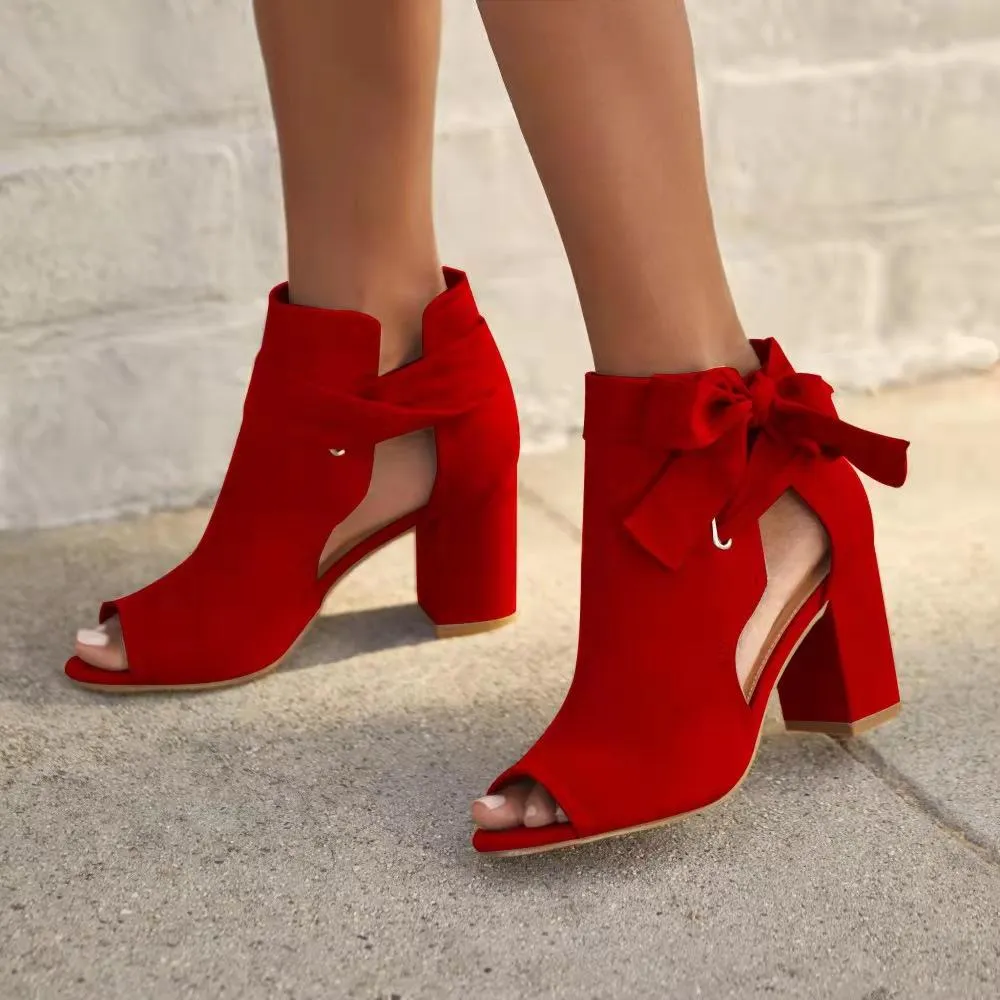 Women's peep toe bowknot side cutout chunky high heels